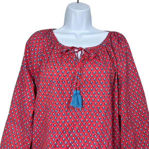 J. Crew Factory Womens Medium Red Floral Tassel Peasant Cotton Raglan Blouse - Picture 5 of 8